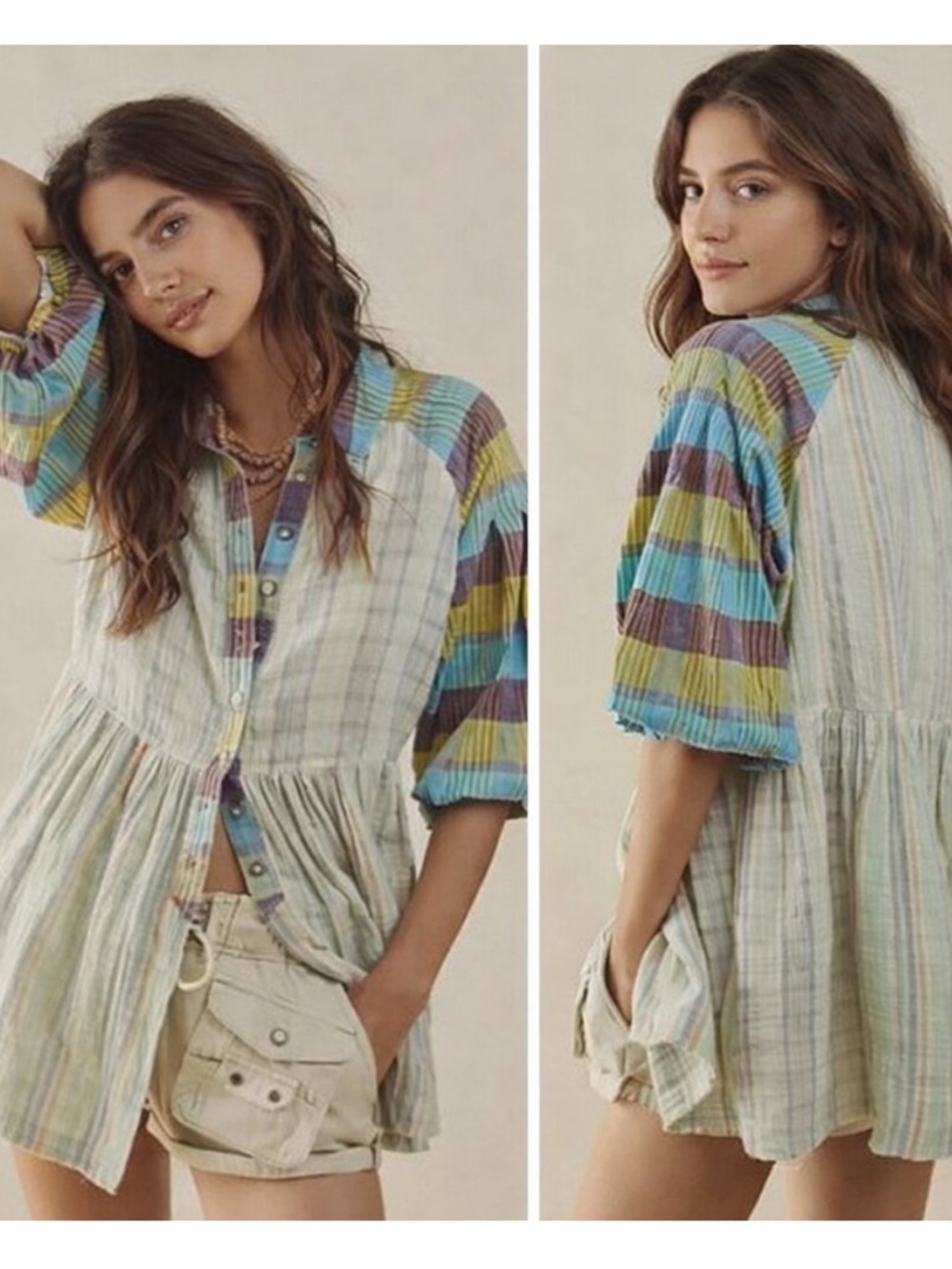 Free People Moon Bay Bubble Sleeve Plaid Top Cotton